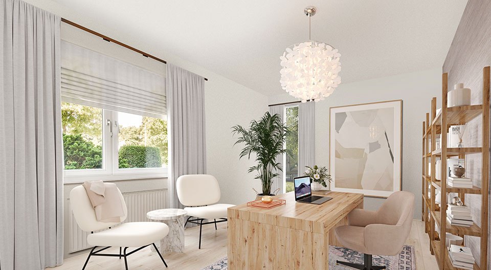 Après : rendu 3D e-interiorconcept, bureau lumineux en bois clair